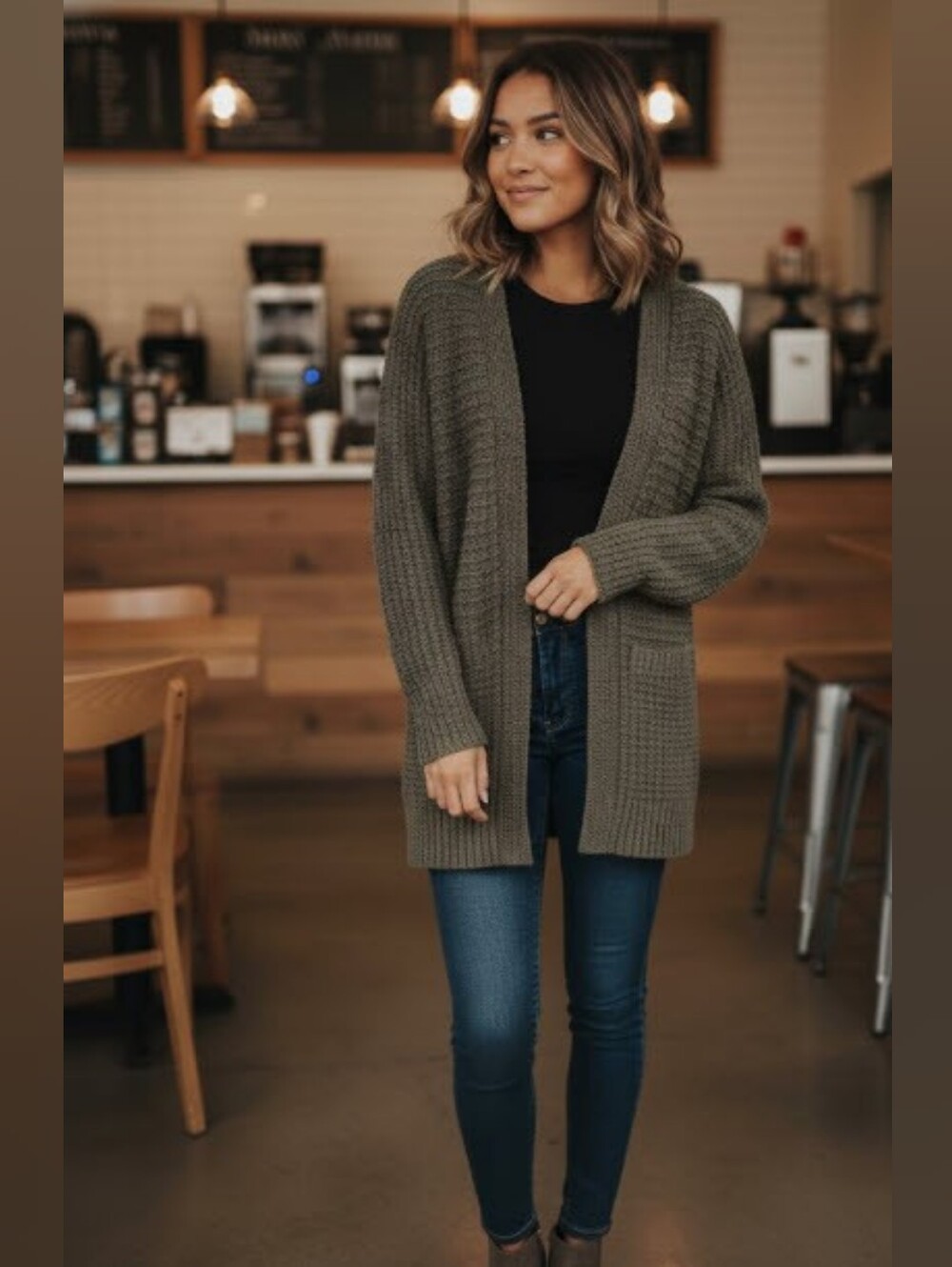 Ladies Bobeau Chunky Knit Relaxed Fit Cardigan - Size Small - Olive Color